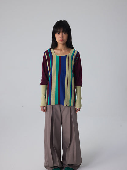 Long-Cuff Stripe Retro Chic Square-Neck Knit