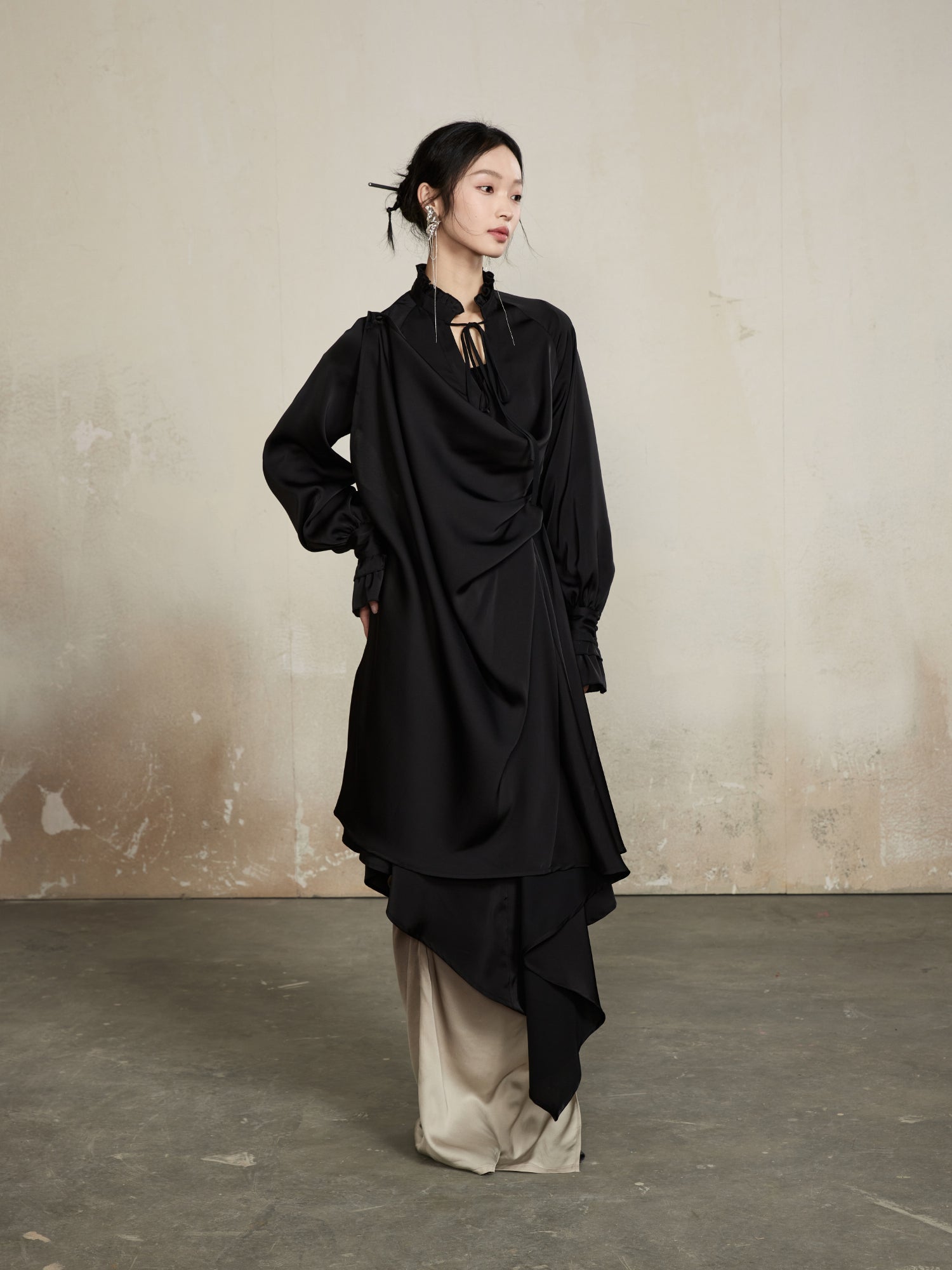 Drape Classy Nichi Oversize Thin Asymmetry Long-Shirt