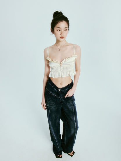 High-Waist Denim Wide Casual Pants