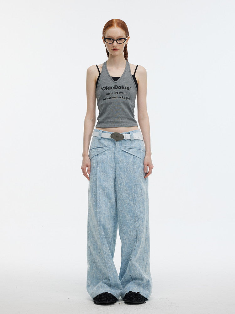 Denim Embroidery Flower Wide-Leg Casual Pants