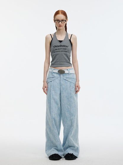 Denim Embroidery Flower Wide-Leg Casual Pants