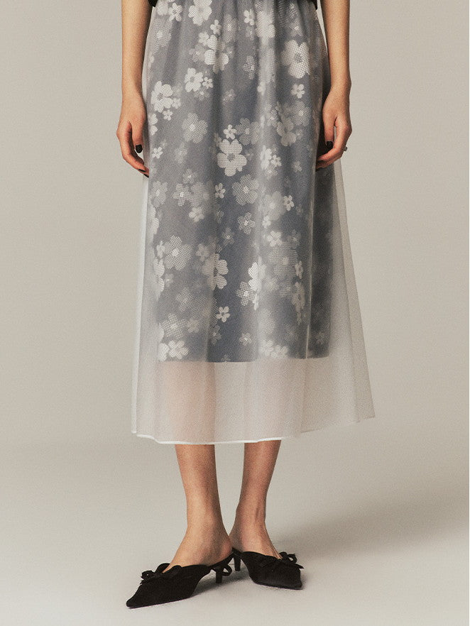 Layered See-Through Flower Ciffon Sheer Flare Chic Long-Skirt