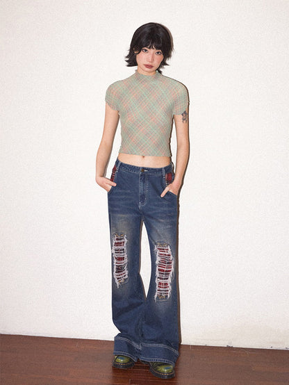 Crash Damage Wide-Leg Casual Denim Pants