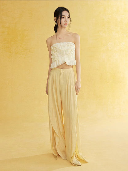 Natural Slit Wide-Leg Wrinkled Plain Flare-Pants