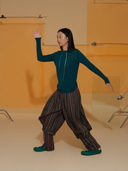 Cropped Half Stripe Ethnic Balloon-Pants