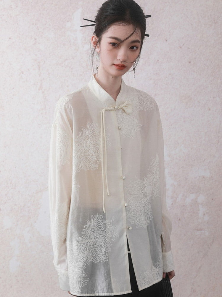 China Oversize See-Through Flower Embroidery Blouse