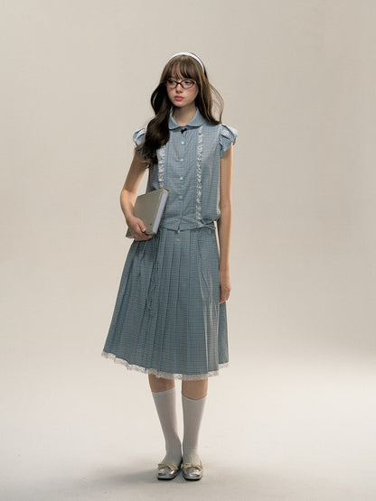 Set-Up Checked Lace Gilrt Retro Fancy Blouse＆Lon-Skirt