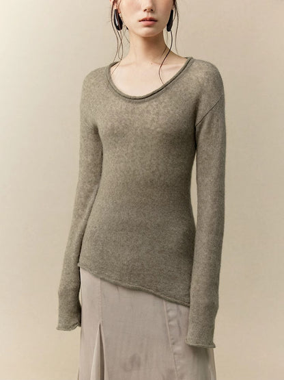 Asymmetry U-Neck Slim Simple Thin Classy Knit