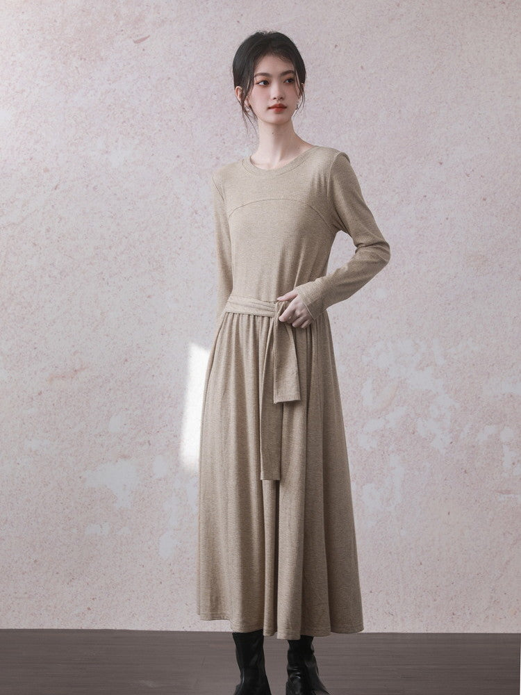 Knit Crew-Neck Long-Sleeve Chic Dress