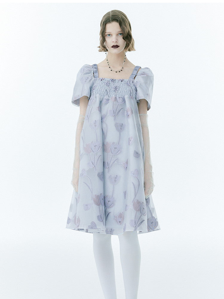 Flare Ciffon Puff-Sleeve Flower Sheer Square-Neck Dress