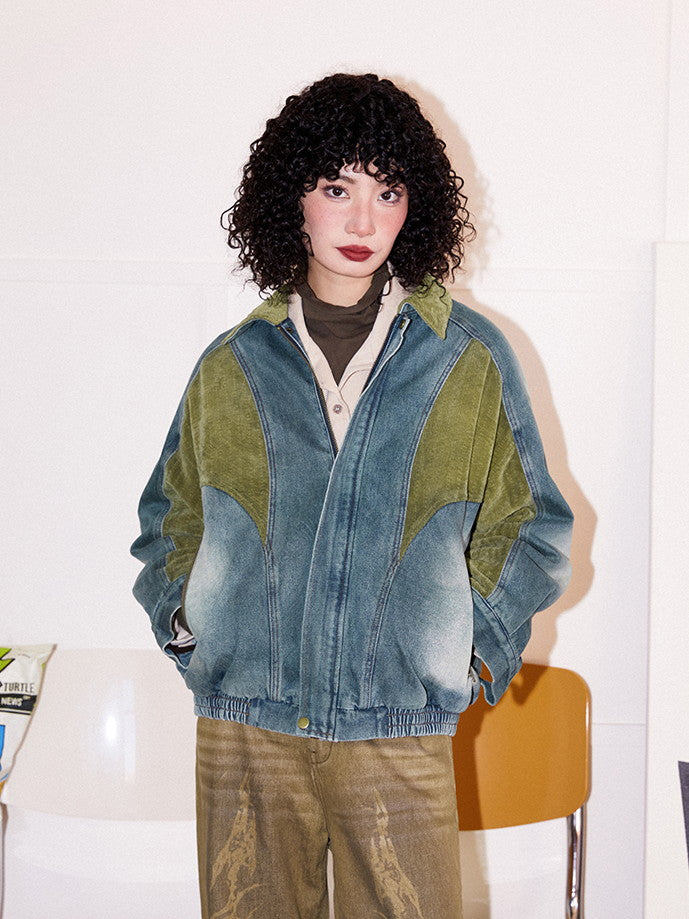 Jacket en denim de patchwork en velours côtelé lavé vintage