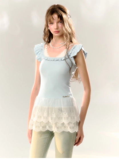 Girly Lace Frill Off-Shoulder Short Sheer Dress