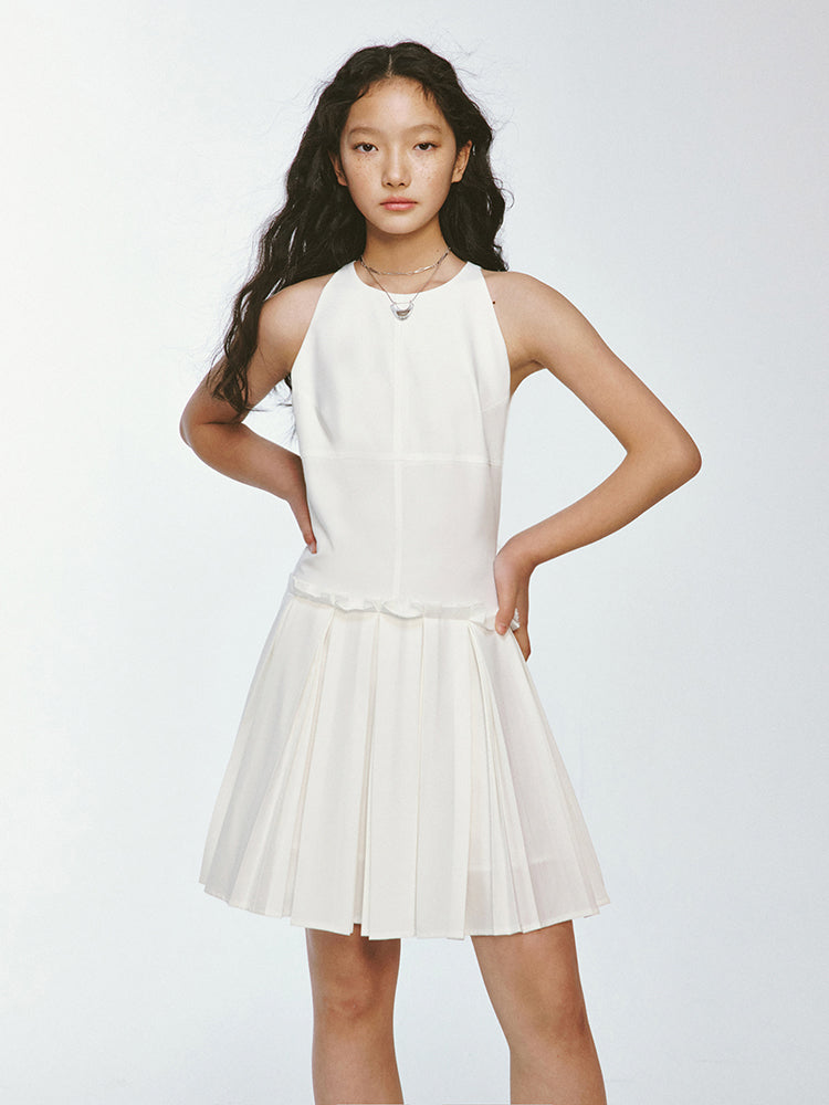 American-Sleeve Box-Pleats Short Plain One-Piece