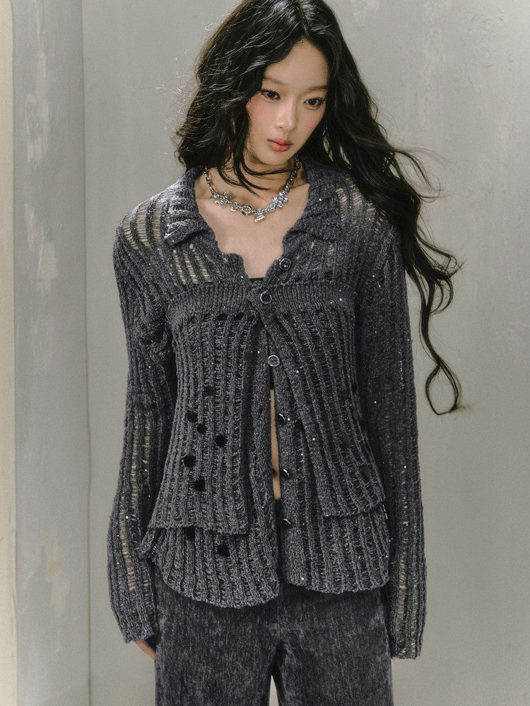 Cardigan＆Tube-Top Damage Asymmetry Mesh Knit Set-up