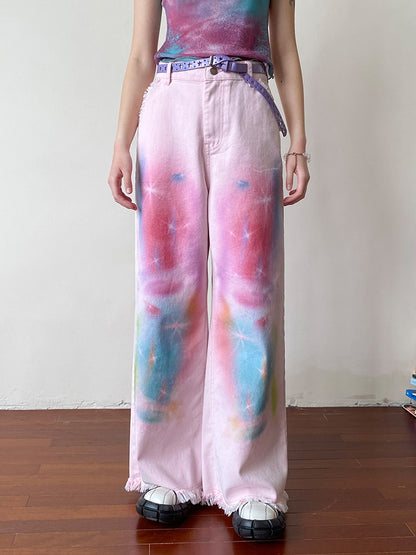 Tie-Dye Pale-Tone Damage Cotton-Candy Tassel Casual Straight Denim-Pants