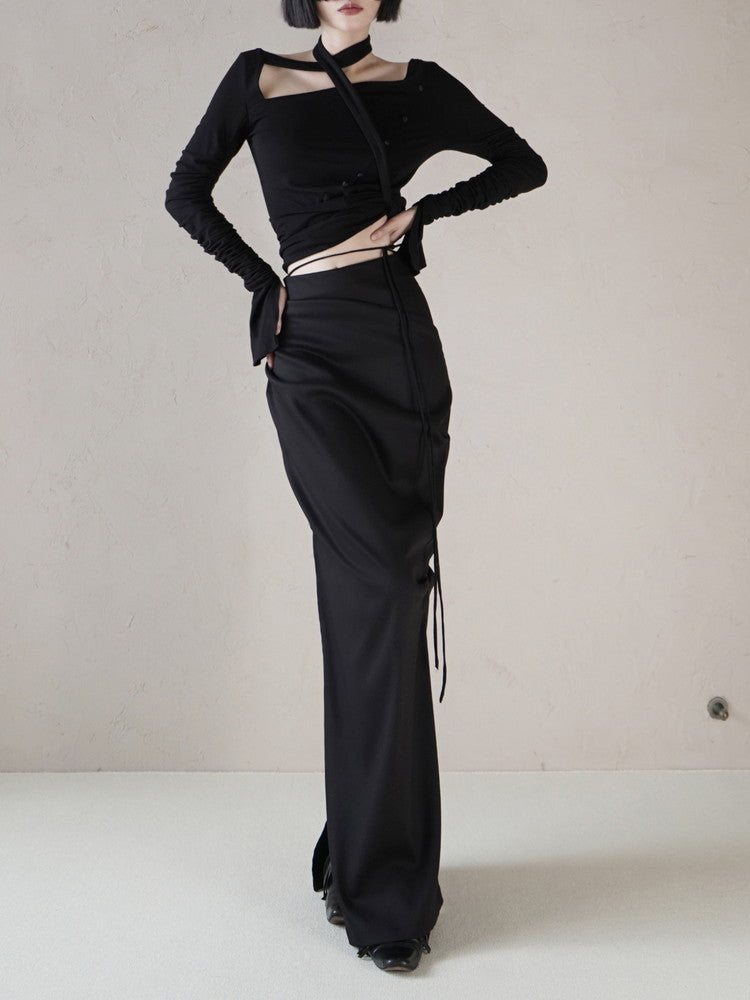 Bottle-Neck Drape Slim Simple Long Dress