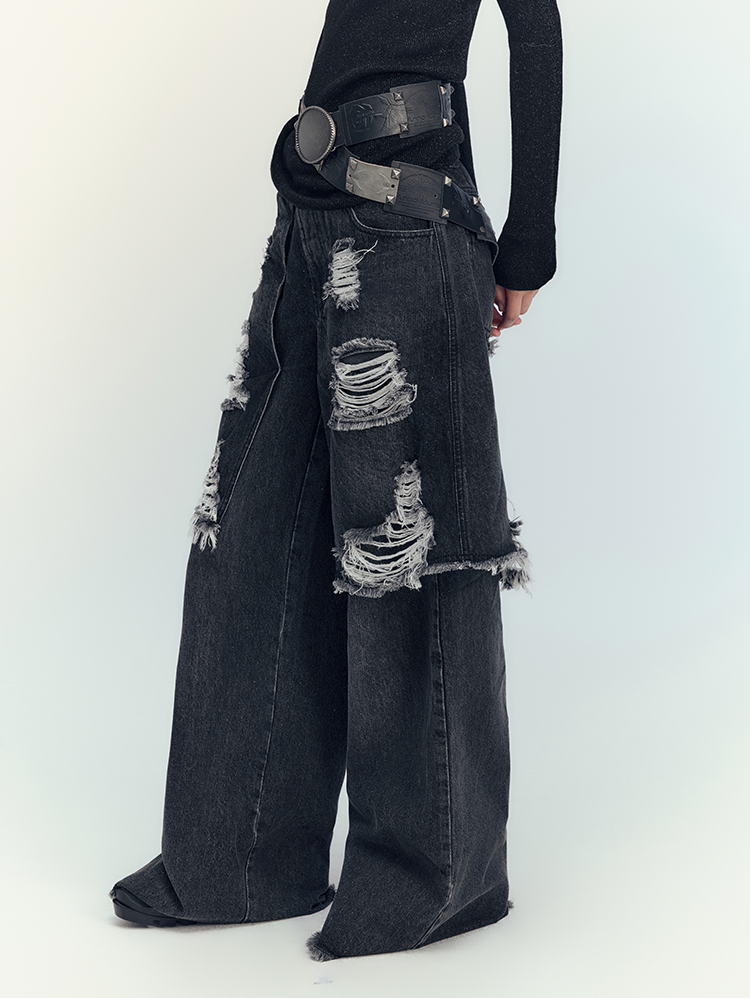 Nichi Denim Layered Conspicuous Damage Wide-Pants