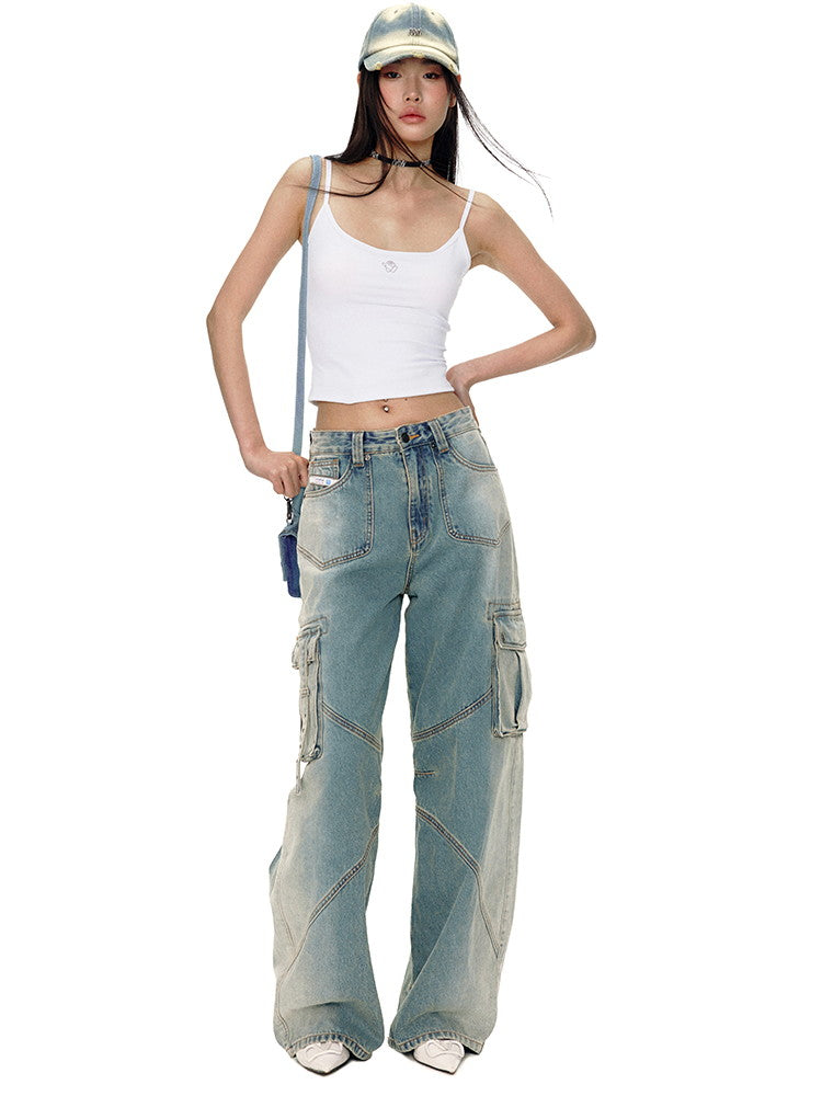 Denim Wide-Leg Straight Casual Side-Pocket Belt Pants