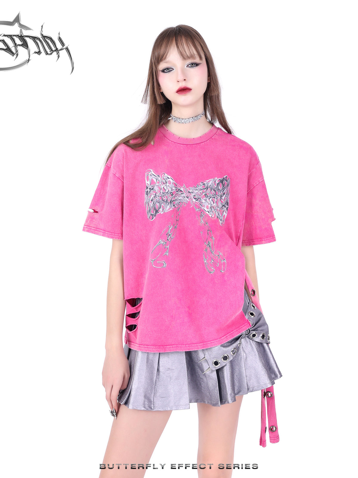 T-shirt Punk surdimensionné coupé le côté Nichi Ribbon