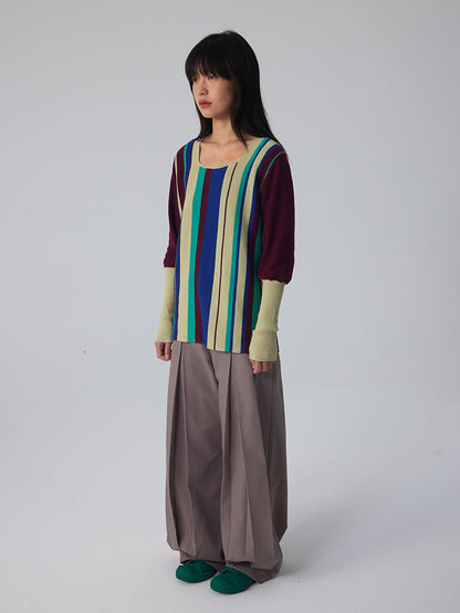 Long-Cuff Stripe Retro Chic Square-Neck Knit