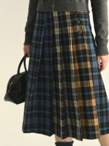 Multi-Color Checked Flare Girly Retro Long-Skirt