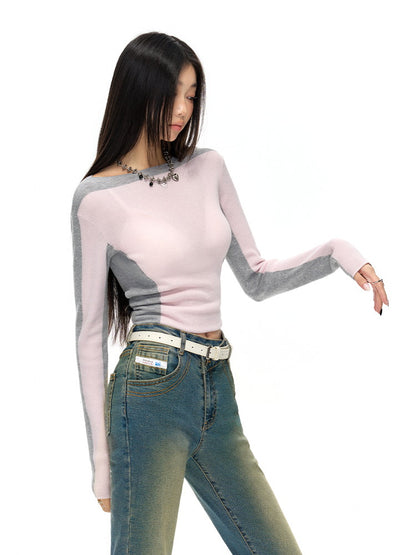 Bi-Color Slim Stretch Casual Knit Cutsew