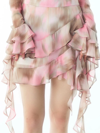 Tie-Dye Ciffon Asymmetru Tiered Frill Watercolor Mini-Skirt