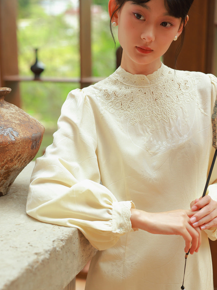 Embroidery China Mao-Collar Balloon-Sleeve Formal One-Piece