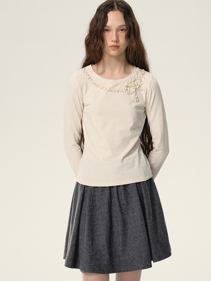 Ribbon Frill Round-Neck Natural Simple Cutsew