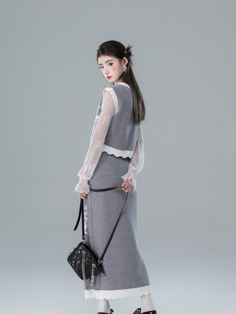 Vest&amp;Long-Skirt Knit Butterfly Retro Bi-Color Set-Up