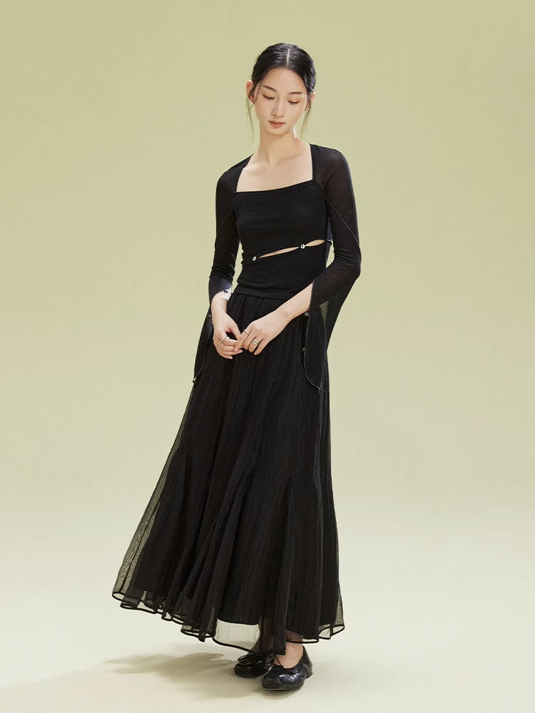 Ciffon Tiered Volume Simple Flare Long-Skirt