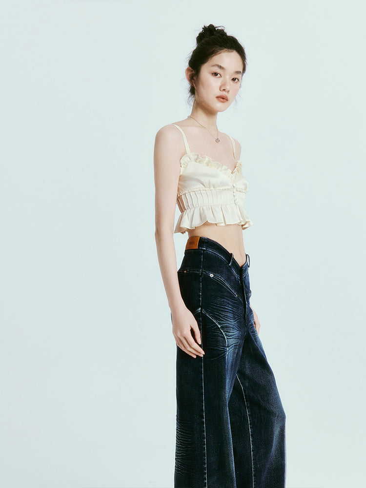 High-Waist Denim Wide Casual Pants