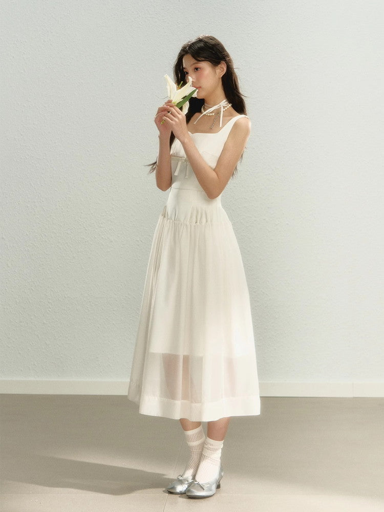 Long No-Sleeve Sheer Ribbon Pleats Slim Dress