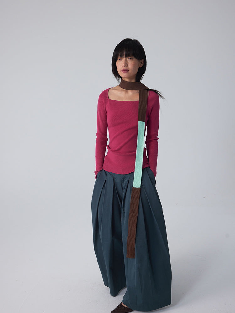 Square-Neck Retro Tight Vivid Slim Plain Knit