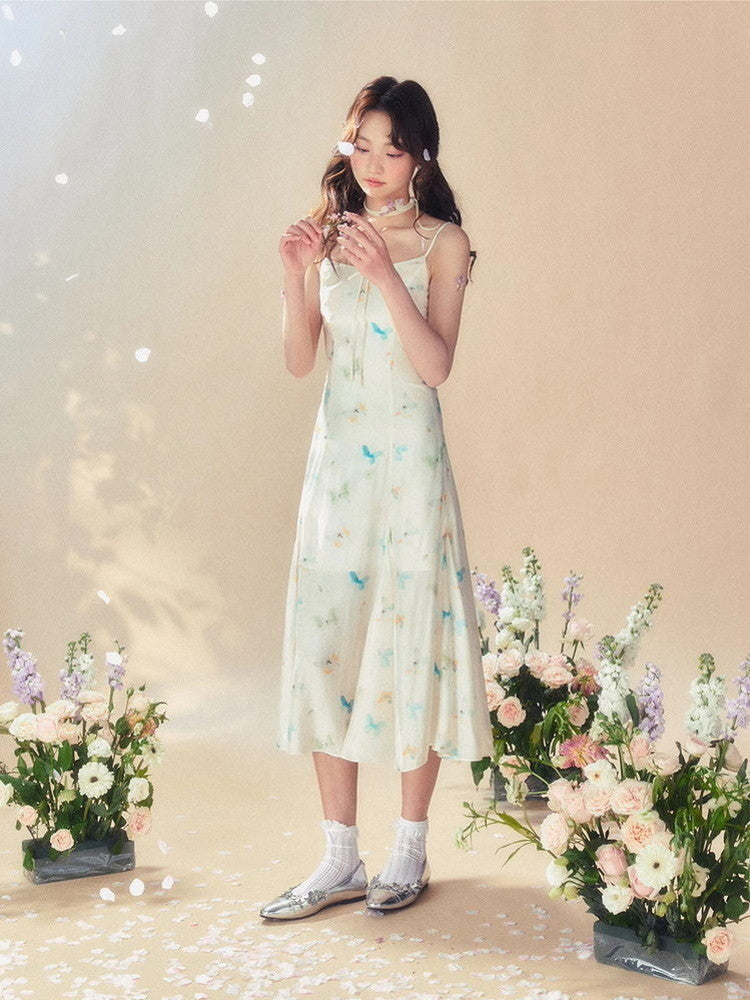 Butterfly Watercolor Camisole Retro Long Dress