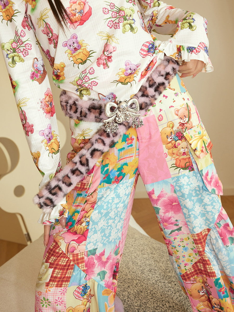 Patchwork Colorful Straight Flowre Bear Fancy Pants