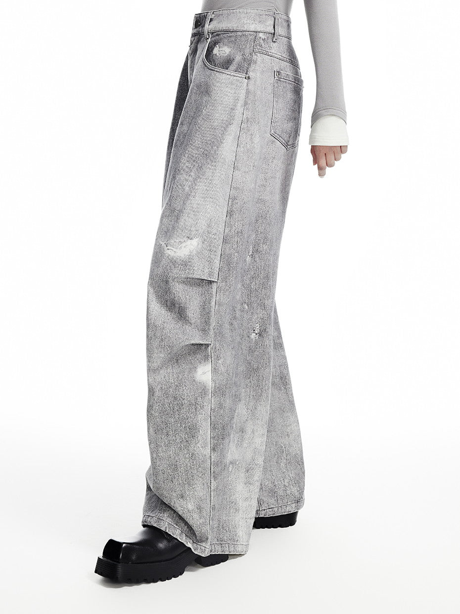 Denim Vintage Crush Pale Loose Damege Wide-Pants