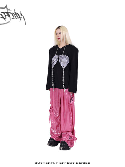 Glossy Metallic Drawstring Vasual Wide-Pants