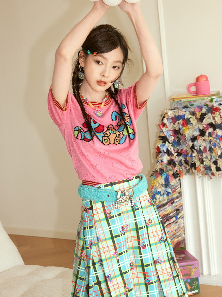 Checked Embroidery Bear Animal Tiered Fancy Flare-Skirt