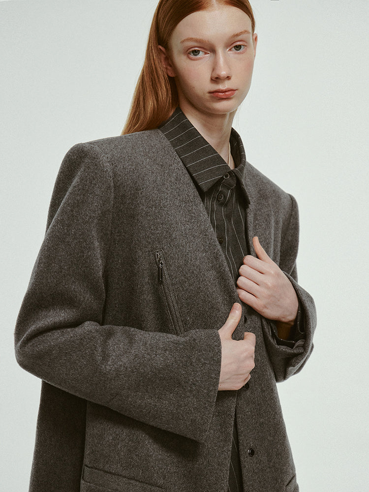 No-Collar V-Neck Oversize Plain Wool Jacket