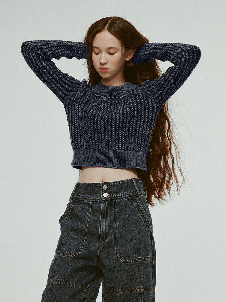 Denim-Blue Short Cable-Knit Retro Round-Neck Tops