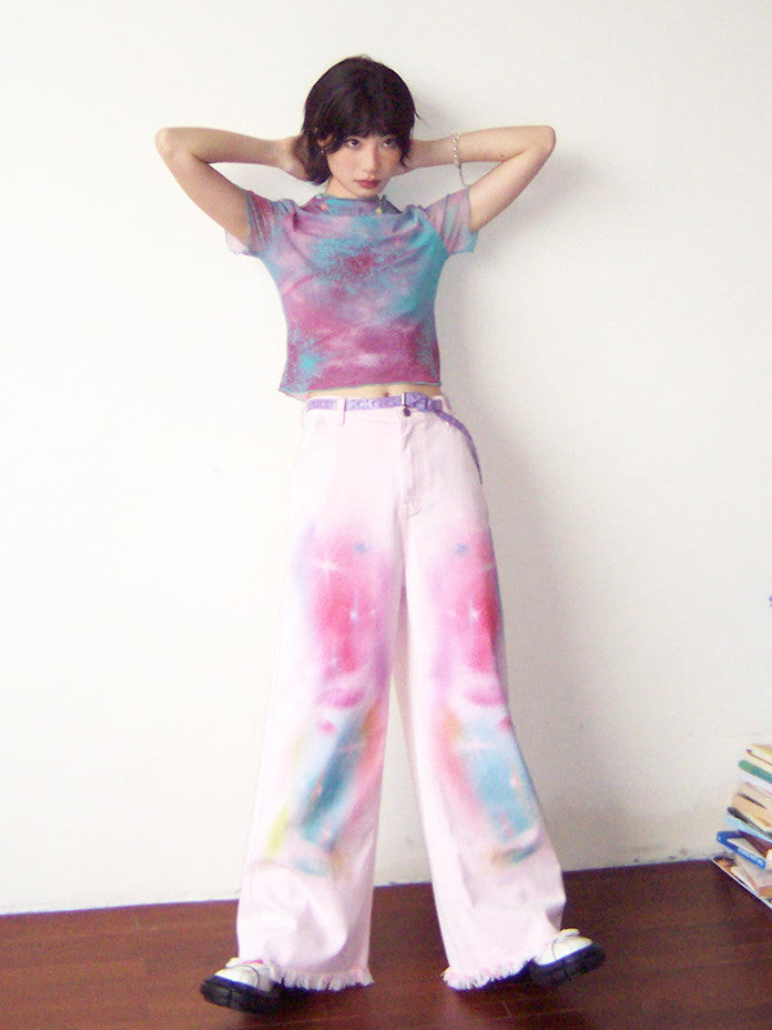 Tie-Dye Pale-Tone Damage Cotton-Candy Tassel Casual Straight Denim-Pants