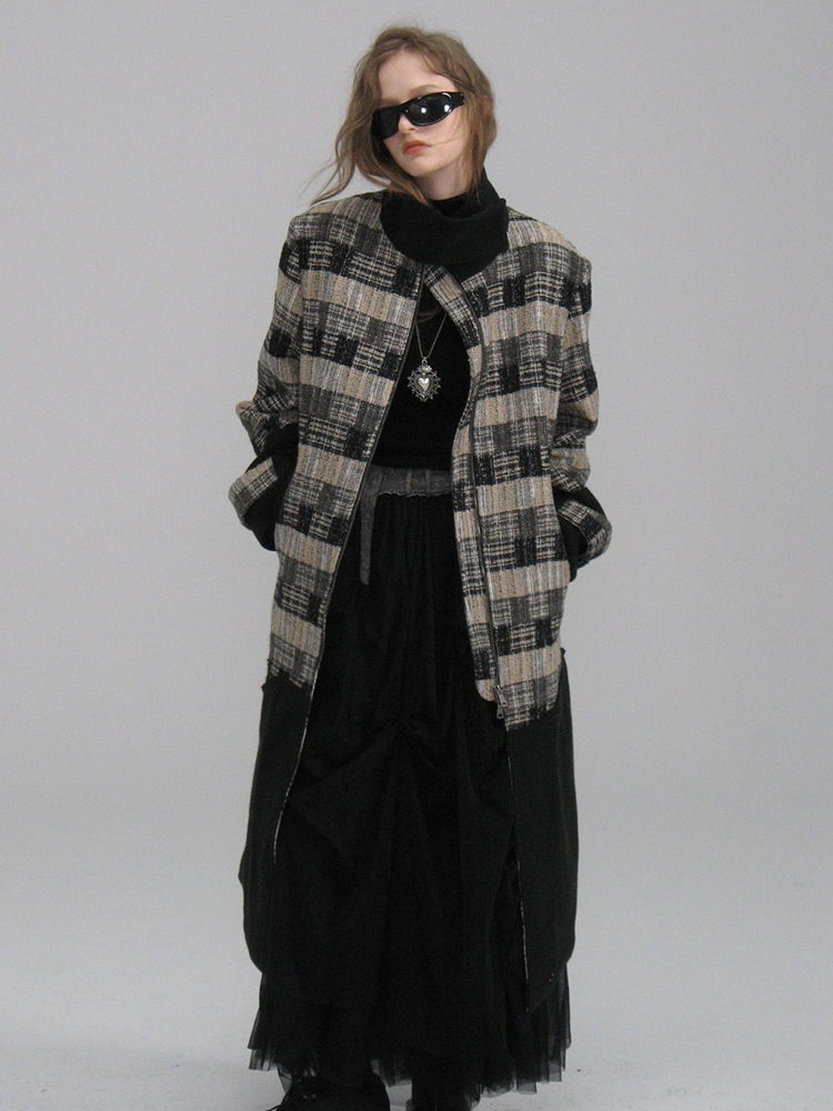 Patchwork Retro Stand-Collar Coat Long-Jacket