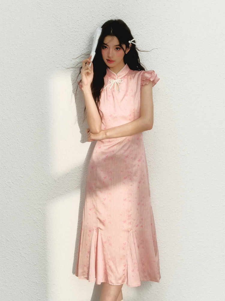 China Flower Frill-Sleeve Long Retro Dress