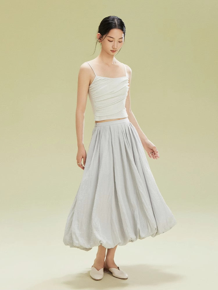 Crumply Wrinkled Balloon Natural Long-Skirt