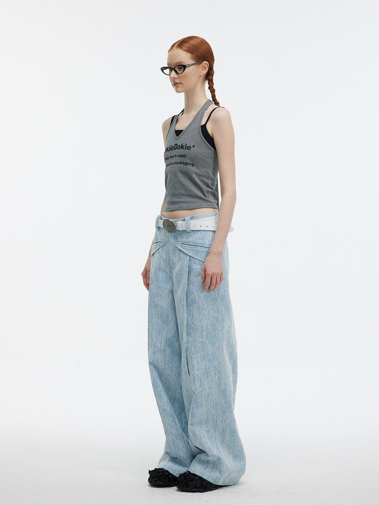 Denim Embroidery Flower Wide-Leg Casual Pants