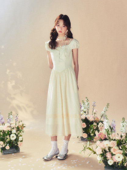 Girly Square-Neck Puff-Sleeve Flare Sweet Ribbon Princess One-Piece