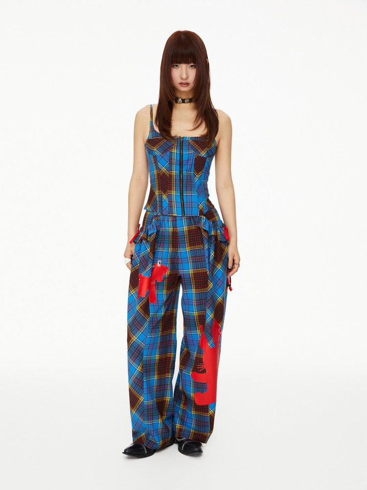 Checked Retro Girly Rabbit Silhouette Wide-Leg Nichi Casual Pants