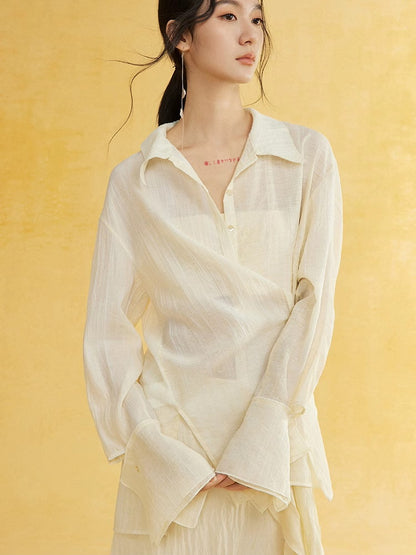 Side-Button Natural Sheer Oversuze Shirt