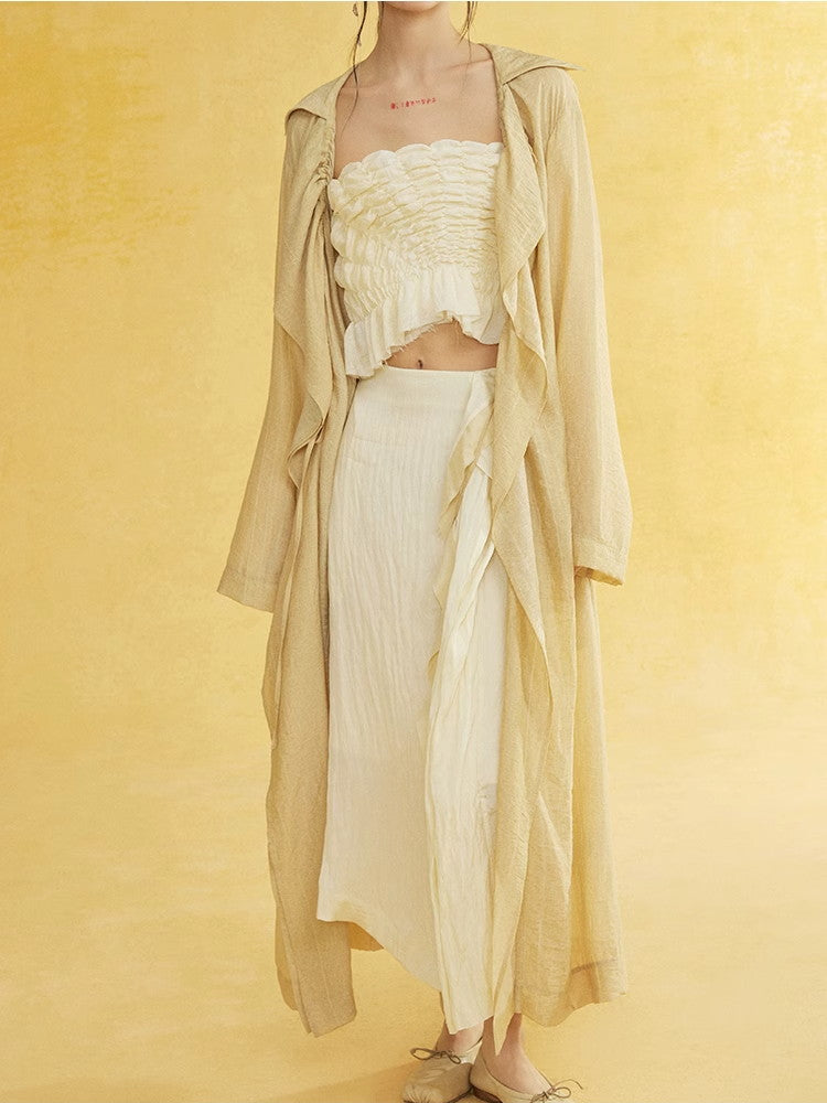 Retro Sheer Oversize Ruffle Wrinkled Long-Cardigan